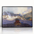 Large abstract wall art depicting an Asian Bhutanese landscape in mid-century modernist style, framed in black acrylic.