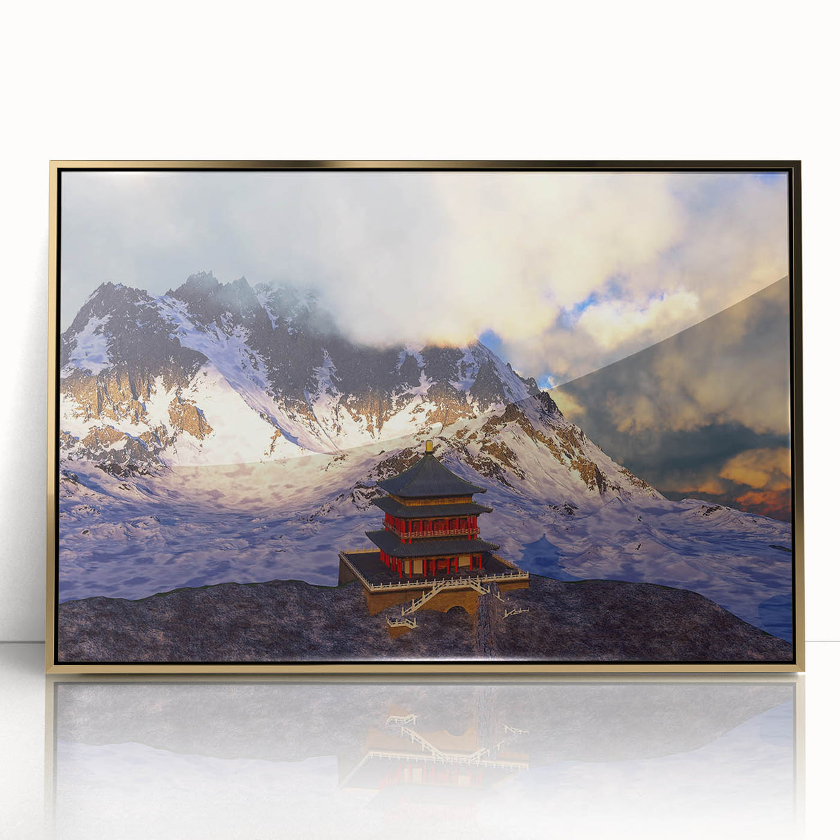 Large art print of a Bhutanese landscape in muted earth tones on framed acrylic, ideal for modern art wall decor.