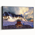 Black and white framed canvas featuring a serene Bhutanese landscape, ideal for bedroom wall art.