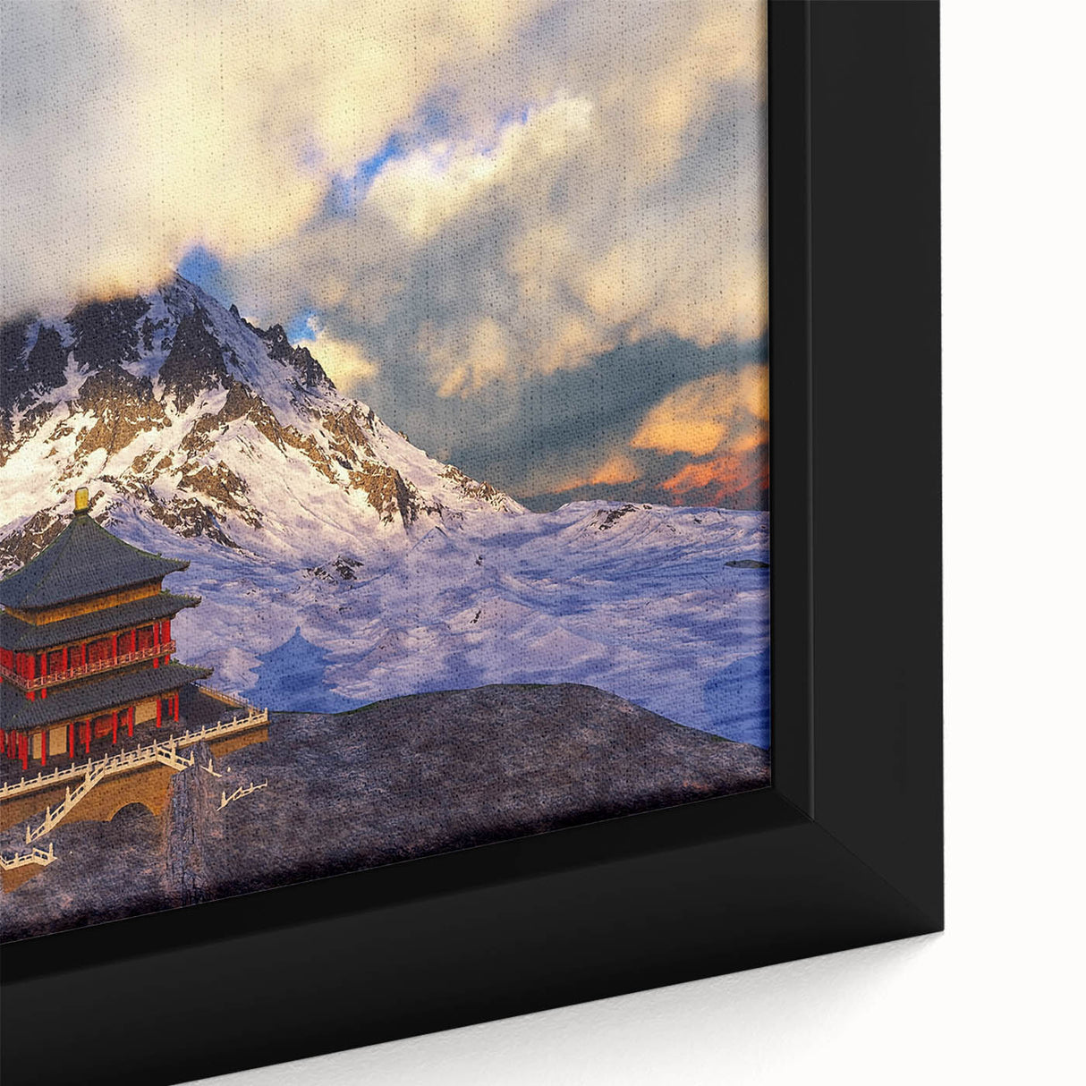 Extra large framed canvas of a textured, colorful Bhutanese landscape in black, ideal for living room decor.