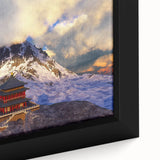 Extra large framed canvas of a textured, colorful Bhutanese landscape in black, ideal for living room decor.