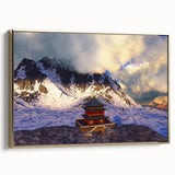 Framed canvas depicting a vintage-style Bhutanese landscape in black and gold, ideal for bedroom wall art.