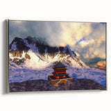 Framed canvas featuring a landscape art painting of Bhutan with colorful and black elements in a vintage style.