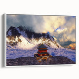 Vintage poster art of a Bhutanese landscape in colorful hues on an extra-large framed canvas, ideal for living room decor.