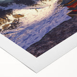 Art deco poster of a serene Bhutanese landscape in muted earth tones on rolled canvas, suitable for dining room decor.