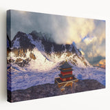 Large stretched canvas of Asian Bhutan scenery in muted earth tones, ideal for kitchen wall art.