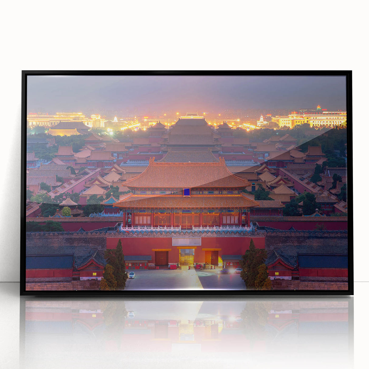Large abstract wall art of the Beijing skyline in muted gray and black tones on a framed acrylic.