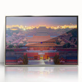 Mid-century modernist art of Beijing scenery in muted tones on a framed acrylic, suitable for modern art wall decor.