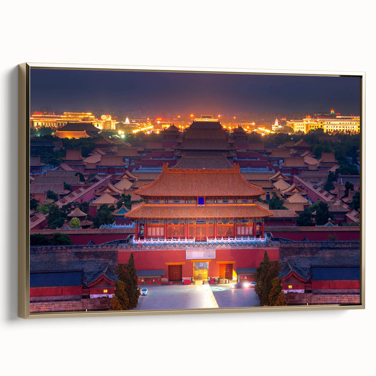 Framed canvas landscape painting of Beijing with muted gold and black tones, ideal for bedroom wall art.