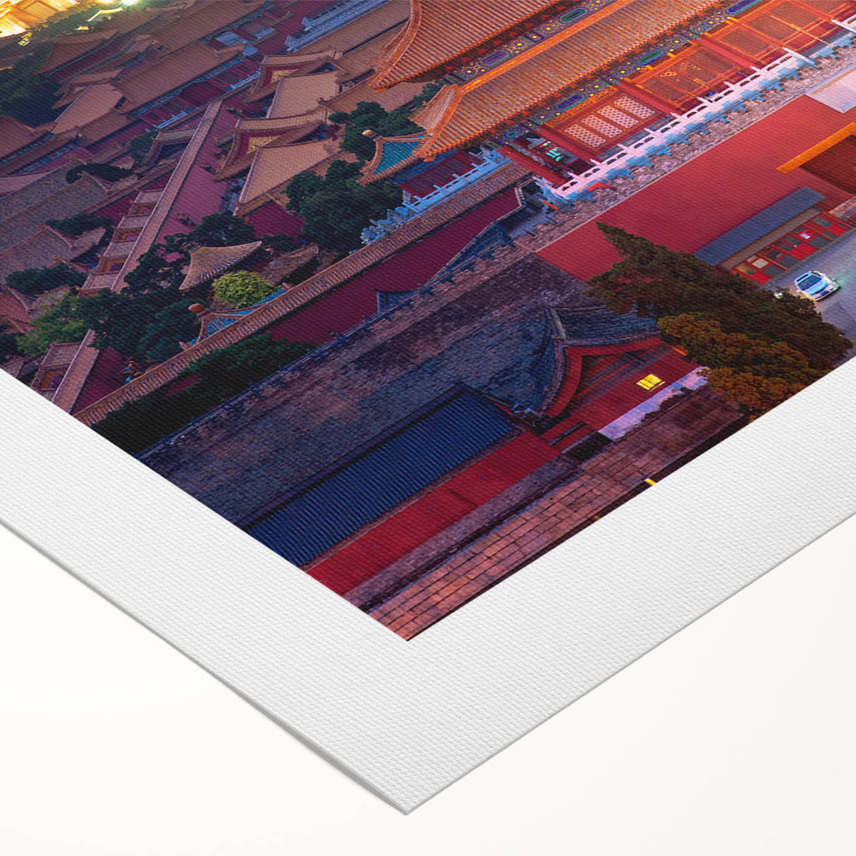 Art Deco poster of Beijing skyline in muted gold and black on rolled canvas, suitable for dining room wall art.