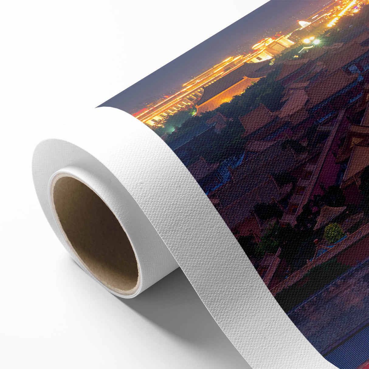 Art deco poster of Beijing skyline in muted gold and teal tones on rolled canvas, ideal for nursery wall art.