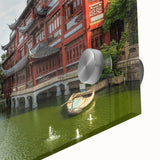 Large abstract depiction of Shanghai skyline in muted gray and blue tones on acrylic glass, suitable for dining room art.