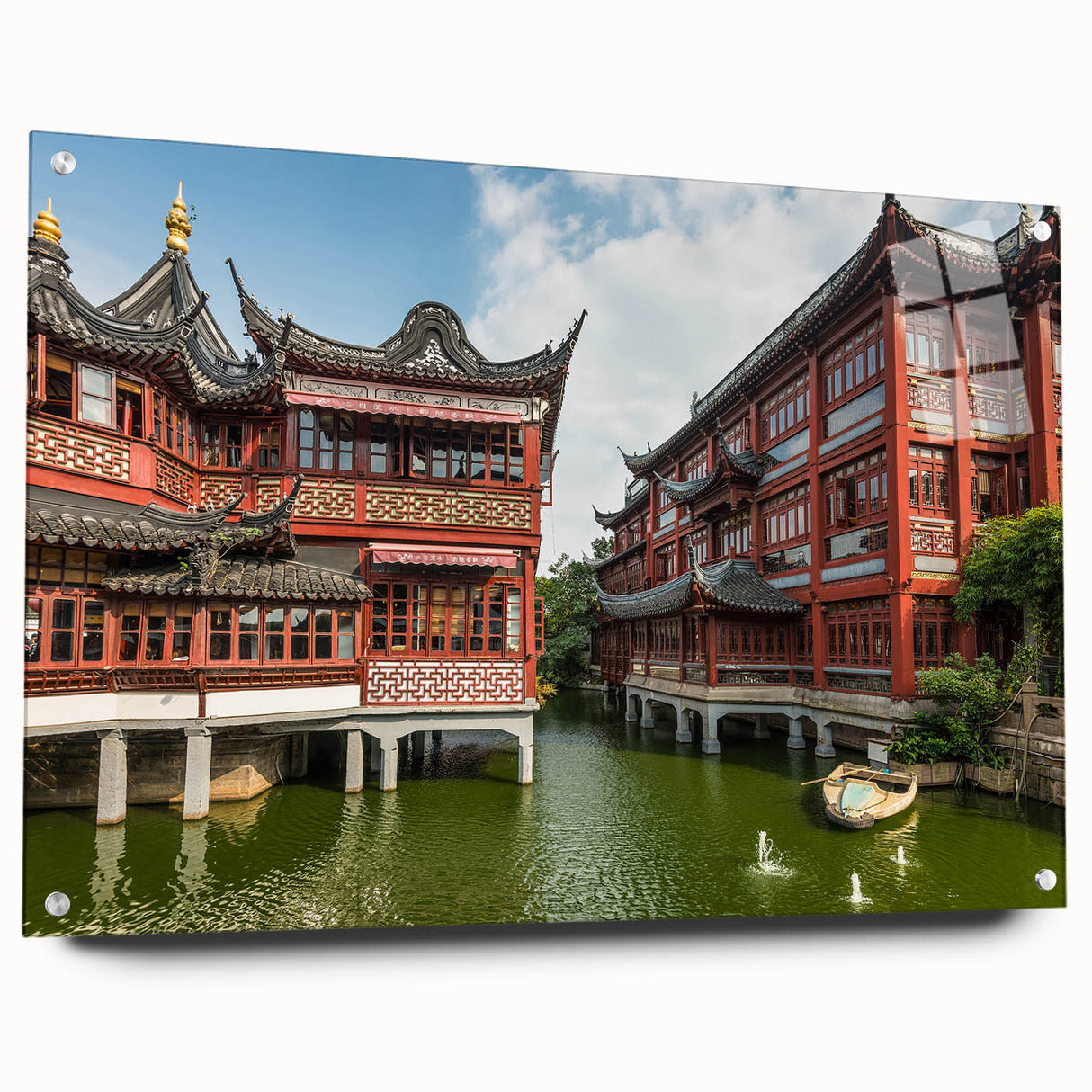 Acrylic print of a large abstract depiction of Shanghai skyline in muted blue and grey tones.