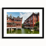 Extra large abstract art print of Shanghai skyline in vibrant colors on a textured canvas, framed in black.