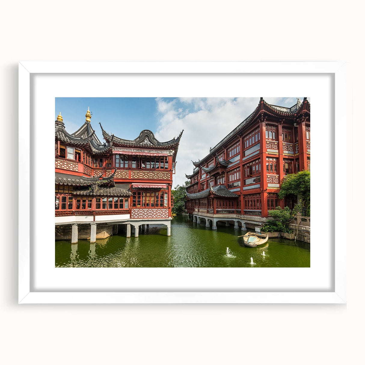 Abstract art print of Shanghai skyline in muted gray and blue tones on a framed white mat, ideal for dining room decor.