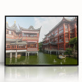 Large abstract wall art depicting Shanghai skyline in muted gray and blue tones, acrylic print framed in black.