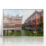 Art deco poster of Shanghai skyline in muted gray on white acrylic, ideal for modern art wall decor.