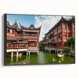 Black and white framed canvas of Shanghai skyline with vintage poster style, ideal for bedroom wall art.