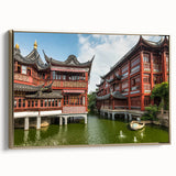 Framed canvas landscape painting of Shanghai with muted gold and black tones, ideal for bedroom wall art.