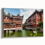 Framed canvas landscape art painting of Shanghai skyline in colorful hues, ideal for modern bedroom ambiance.