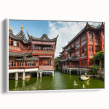 Vintage poster art of Shanghai skyline in vibrant colors on a large framed canvas, ideal for living room decor.