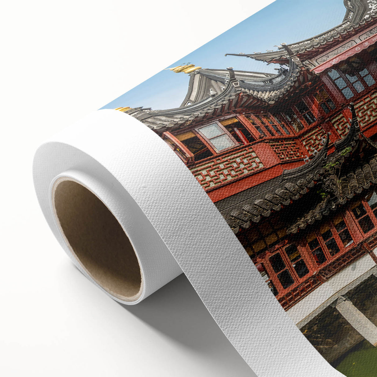 Art Deco-style Shanghai skyline with muted gold and blue tones on rolled canvas.