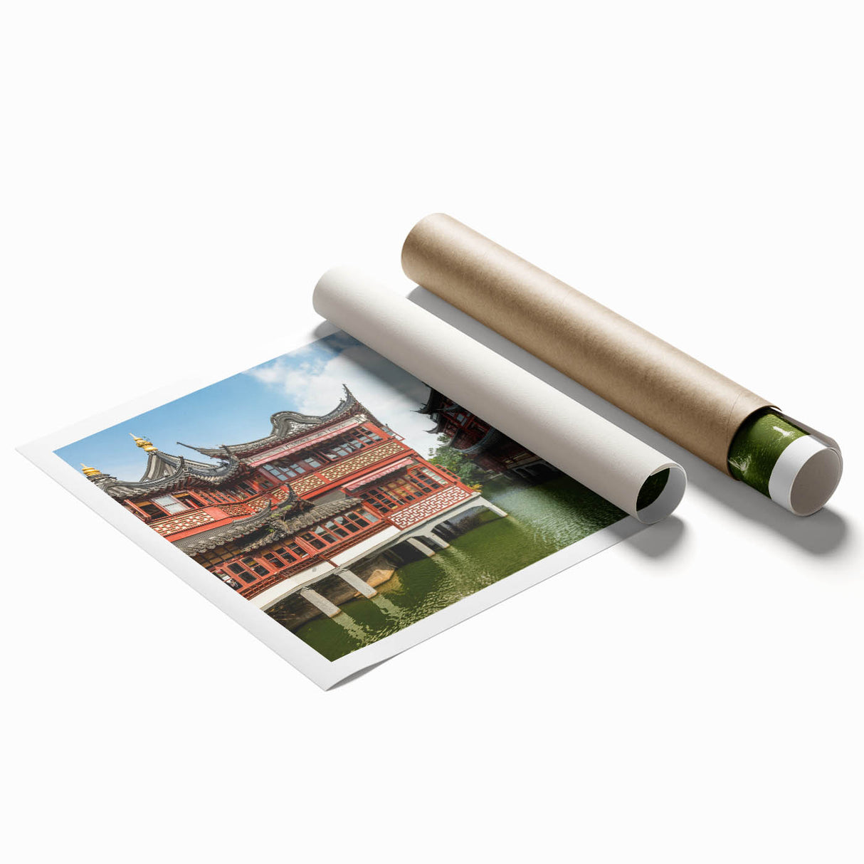Extra large rolled print of Shanghai skyline with muted blue and gray tones, suited for classy bathroom wall art.
