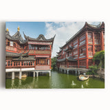 Large black and white photo of Shanghai skyline on stretched canvas, ideal for kitchen wall art.