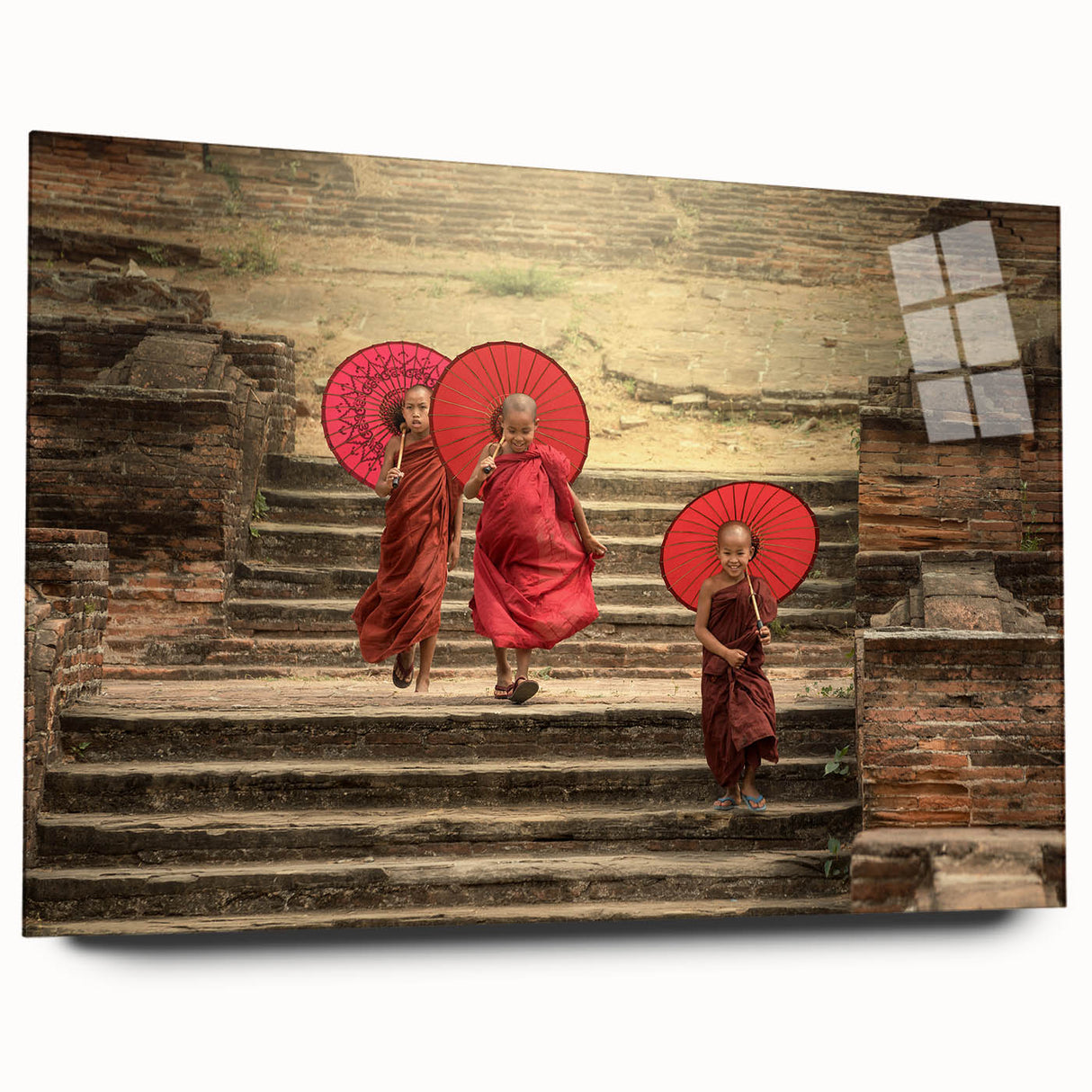 Large abstract wall art depicting a Tibetan landscape in muted earth tones on acrylic glass.