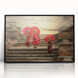 Large abstract wall art depicting a Tibetan landscape in muted earth tones on a framed acrylic.