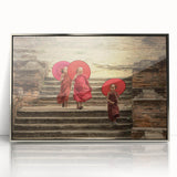 Mid-century modernist art depicting a serene Tibetan landscape in soft pastel shades.