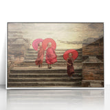 Acrylic print of a Tibetan landscape in muted earth tones, framed in white, ideal for modern art wall decor.