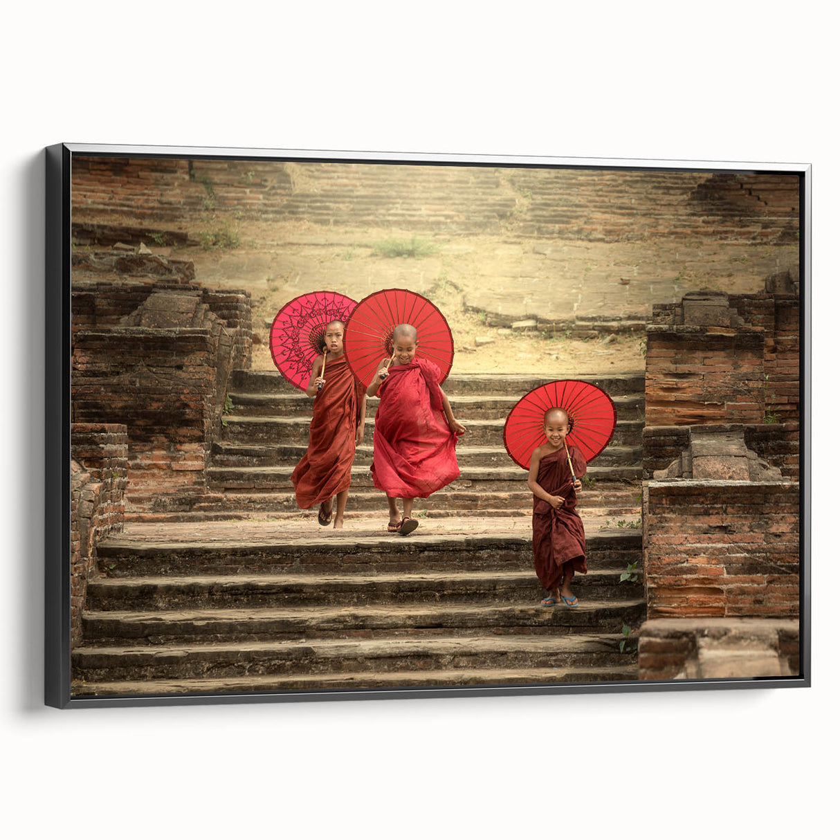 Black and white wall art featuring a vintage poster-style landscape of Tibet on framed canvas, suitable for bedroom decor.