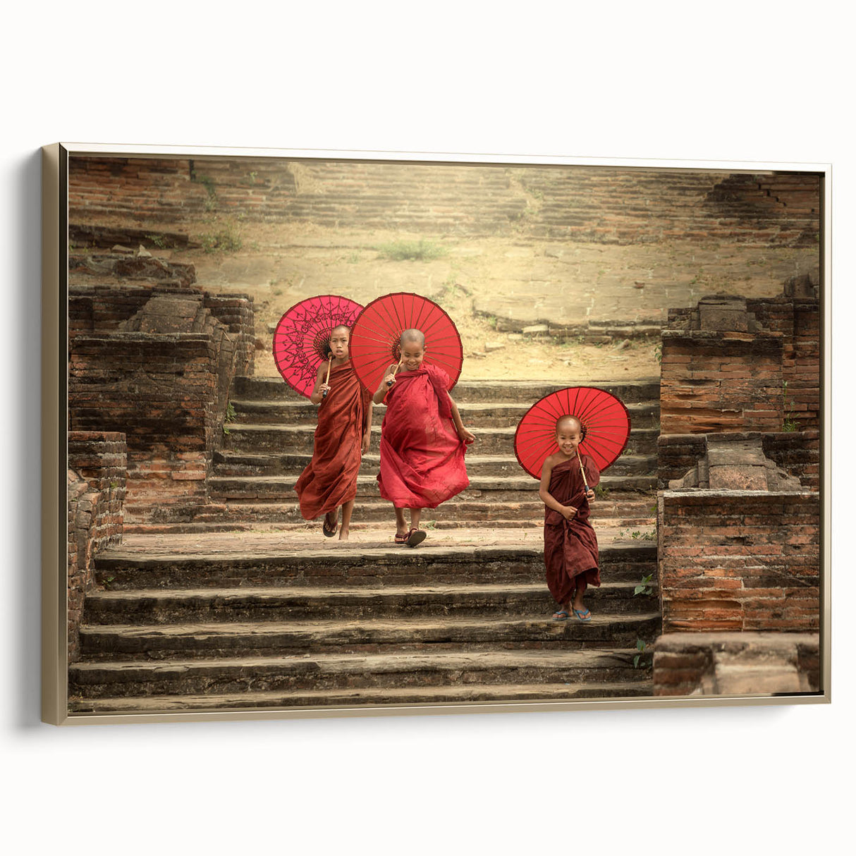 Framed canvas wall art featuring a vintage-style landscape of Tibet with gold and black tones, ideal for bedroom decor.