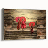 Framed canvas featuring a vintage-style landscape painting of Tibet with colorful and black elements.