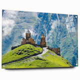 Large abstract wall art on acrylic glass depicting a vibrant, colorful Asian scenery.