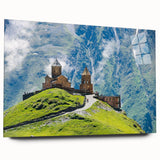 Large abstract wall art depicting an Asian landscape in muted earth tones, printed on acrylic glass.