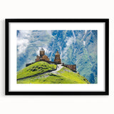 Extra large abstract art print of colorful, textured scenery on a framed black mat, ideal for living room decor.