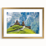 Extra large abstract art print of a textured Georgian landscape in muted earth tones, framed in gold.