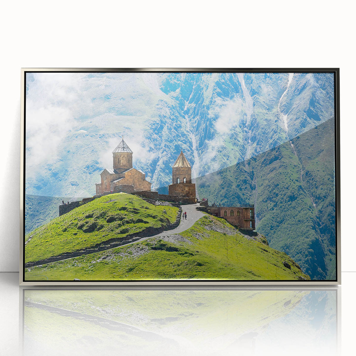 Mid-century modernist art depicting a serene Georgian landscape in muted earth tones, framed in silver acrylic.