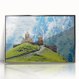 Mid-century modernist art depicting a serene Georgian landscape in muted earth tones, framed in silver acrylic.