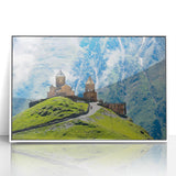 Art deco poster of a serene Georgian landscape, muted earth tones on framed acrylic, ideal for nursery wall decor.