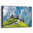 Black and white landscape art painting of Georgian scenery on framed canvas, suitable for bedroom wall decor.