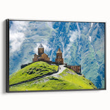 Black and white landscape art painting of Georgian scenery on framed canvas, suitable for bedroom wall decor.