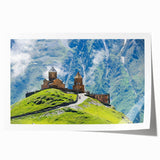 Extra large rolled print of a serene Georgian landscape with lush floral elements in soft green and blue tones.