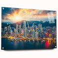Acrylic print of Hong Kong skyline in muted gray tones, ideal for modern dining room decor.