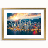 Extra large abstract art print of Hong Kong skyline in textured gold frame, ideal for living room decor.