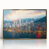 Framed acrylic print of Hong Kong skyline in gold and black tones, ideal for modern art wall decor.