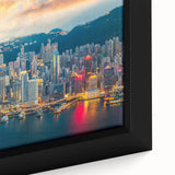 Extra large framed canvas featuring a textured depiction of the Hong Kong skyline in black with colorful accents.