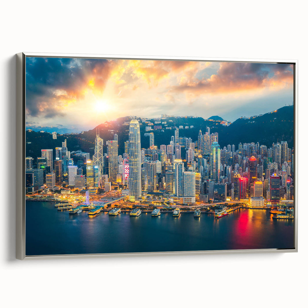Framed canvas of Hong Kong landscape art painting featuring vintage poster style in black with colorful accents.